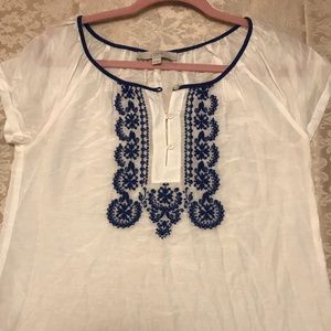 Loft white silk blend embroidered top